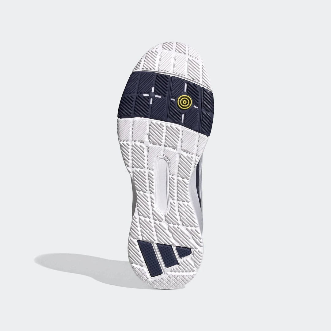 Adidas Crazyquick Padel Shoes sole view, showcasing the white and navy textured rubber outsole with grip patterns.
