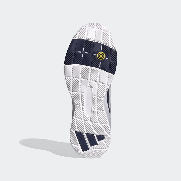 Adidas Crazyquick Padel Shoes sole view, showcasing the white and navy textured rubber outsole with grip patterns.