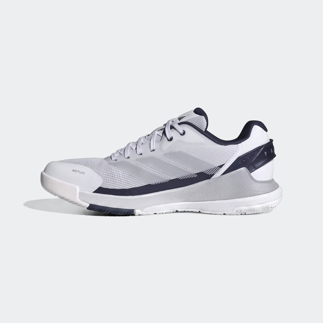 White, grey, and navy Adidas Crazyquick Padel Shoes, featuring a mesh upper and synthetic overlays, viewed from the side.