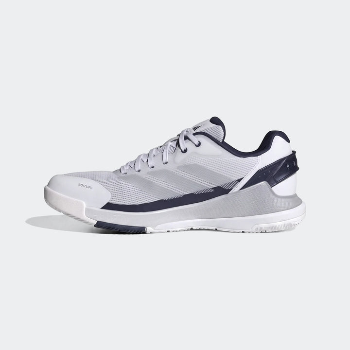 White, grey, and navy Adidas Crazyquick Padel Shoes, featuring a mesh upper and synthetic overlays, viewed from the side.