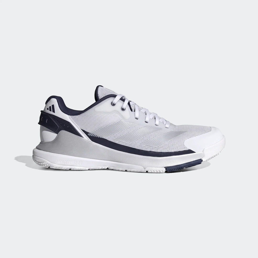 White and navy Adidas Crazyquick Padel Shoes, featuring white laces and the iconic three stripes logo, presented in a side