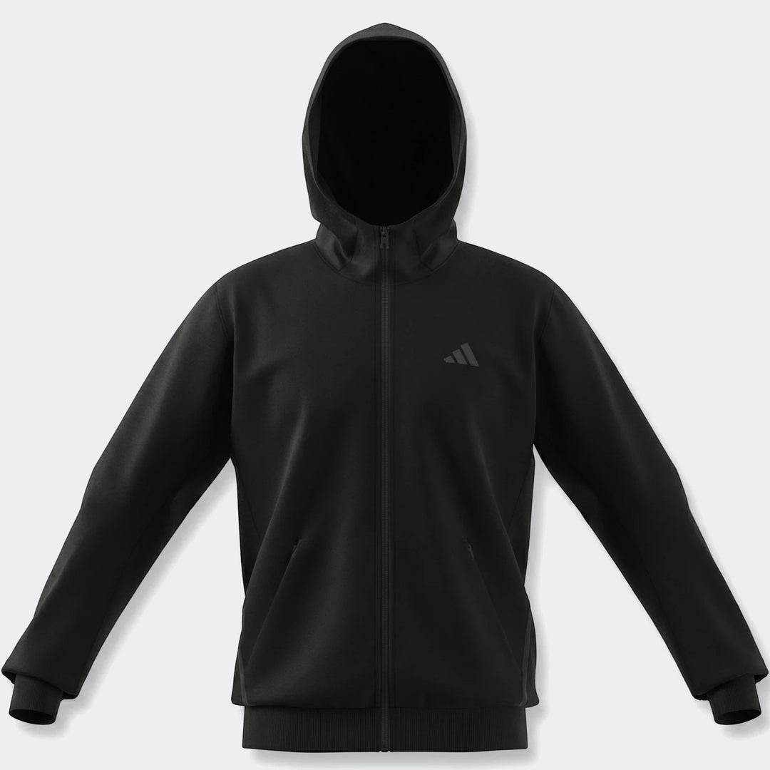 Black D4T Hybrid Full-Zip Hoodie with a hood, long sleeves, and an Adidas logo on the chest, shown in a front view.