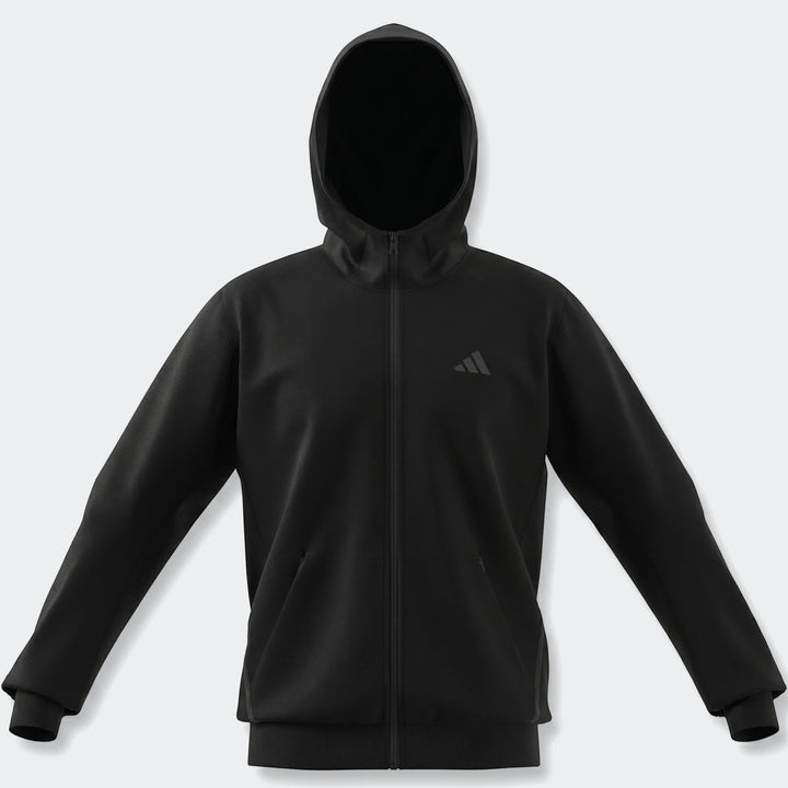Black D4T Hybrid Full-Zip Hoodie with a hood, long sleeves, and an Adidas logo on the chest, shown in a front view.