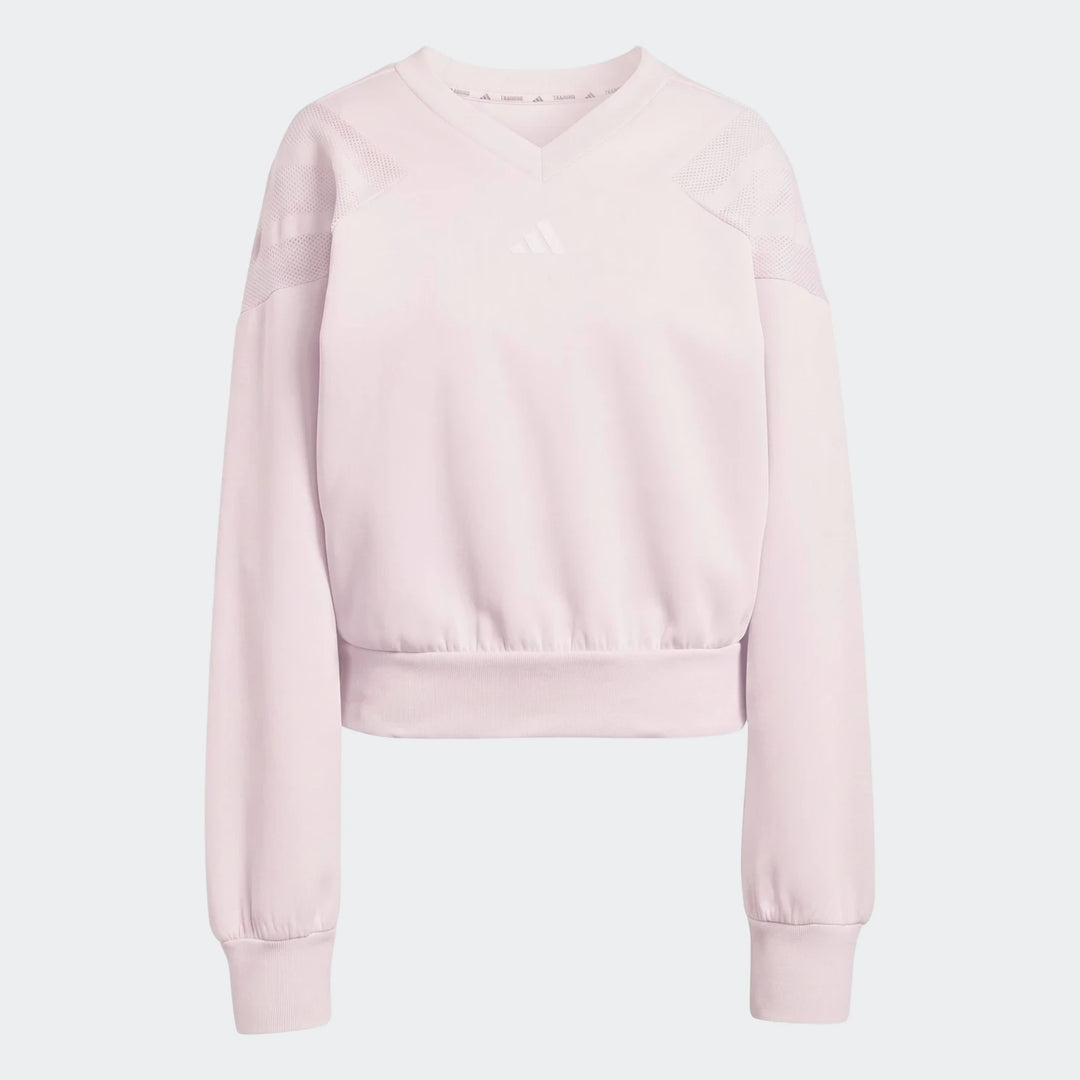 Light pink Adidas D4T Knit Crew Sweatshirt with mesh panels and a v-neck, displayed in a flat-lay view.