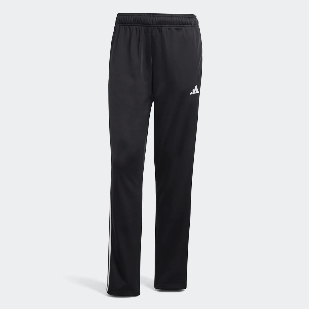 Black Adidas Dayready tracksuit pants for men, featuring a relaxed fit, an elastic waistband, and signature white