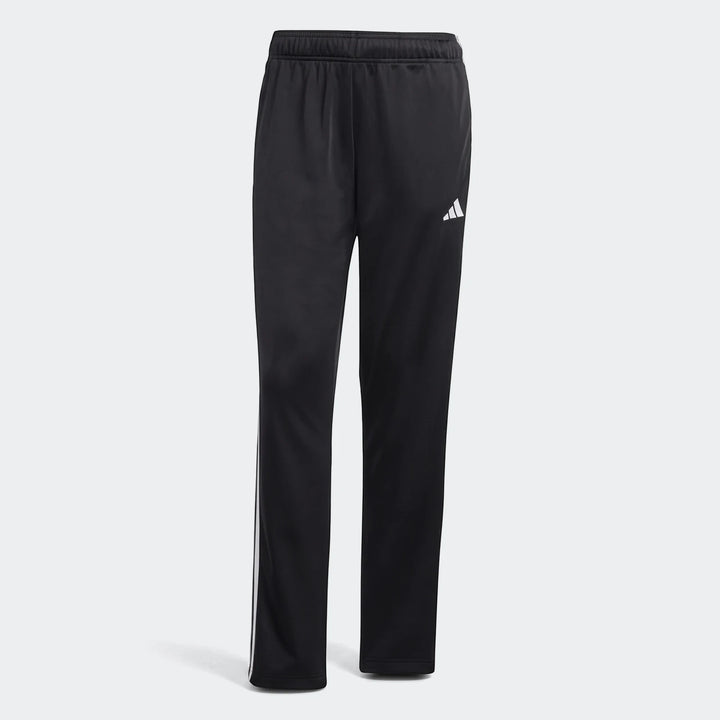 Black Adidas Dayready tracksuit pants for men, featuring a relaxed fit, an elastic waistband, and signature white