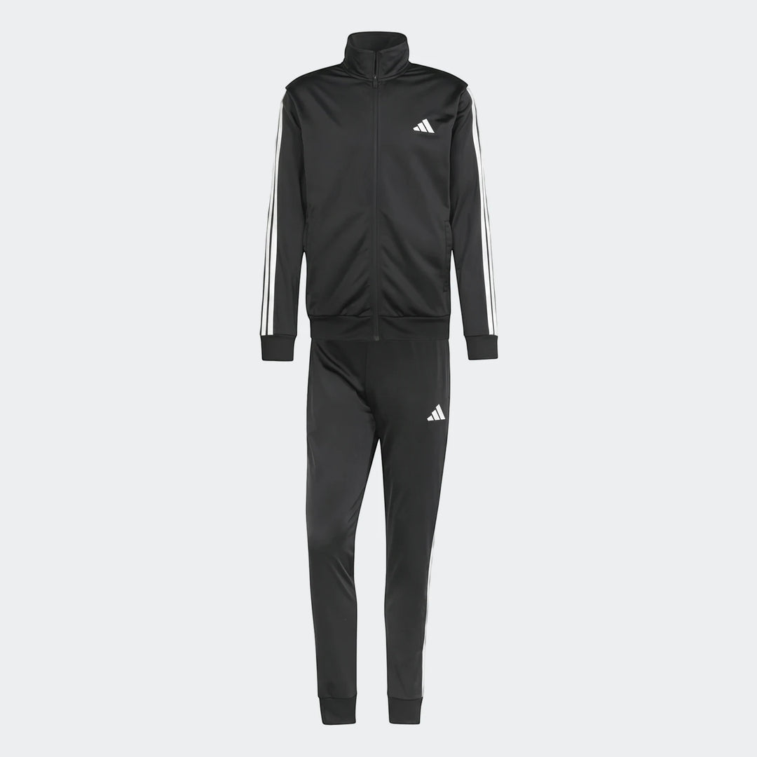 Black Adidas Dayready Tracksuit with white three-stripes on sleeves and legs, featuring a full-zip jacket and joggers for
