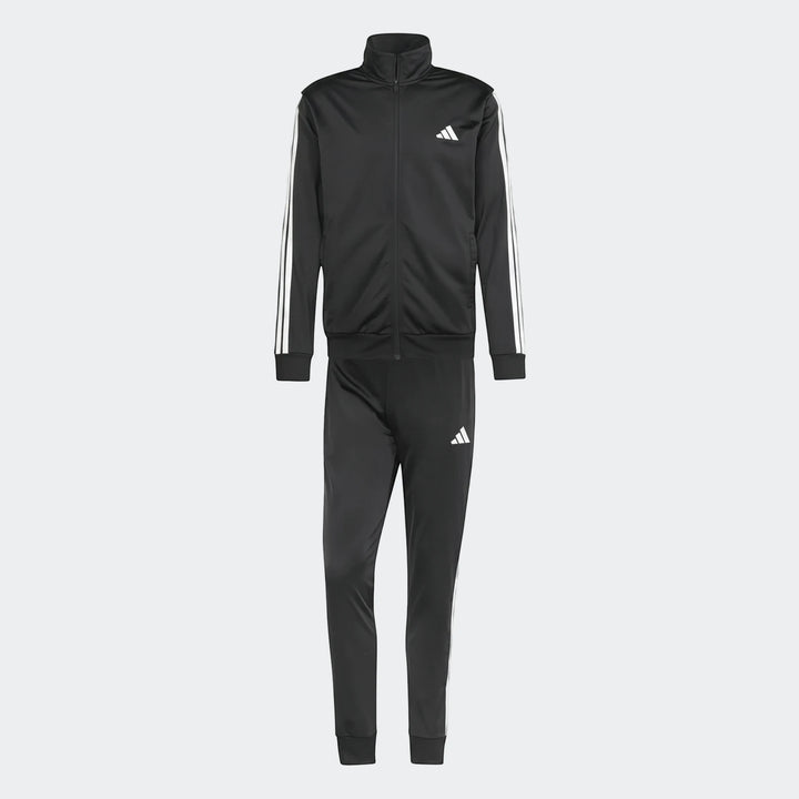 Black Adidas Dayready Tracksuit with white three-stripes on sleeves and legs, featuring a full-zip jacket and joggers for