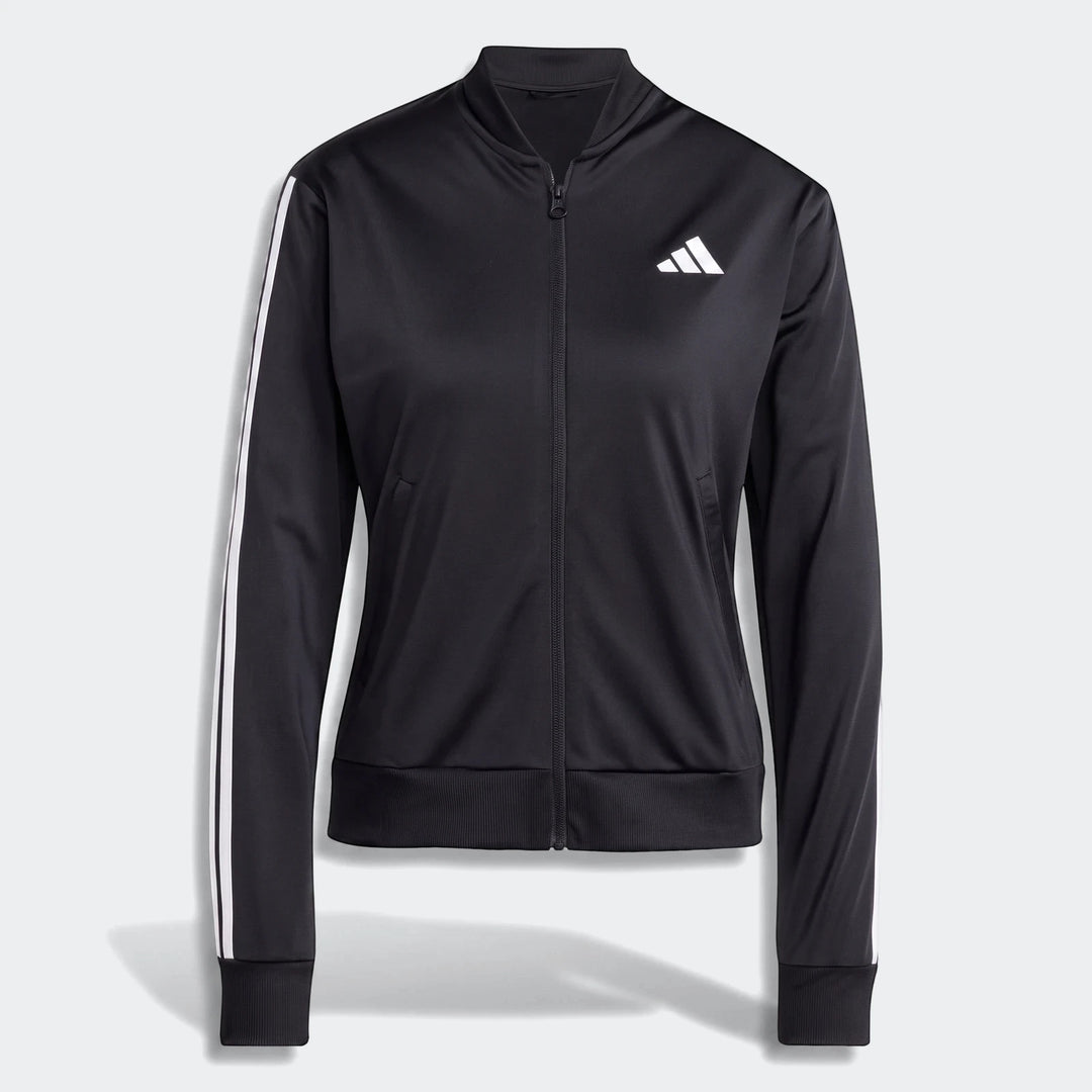 Black Adidas women's Dayready Tracksuit jacket, featuring white three stripes on the sleeves, viewed from the front.