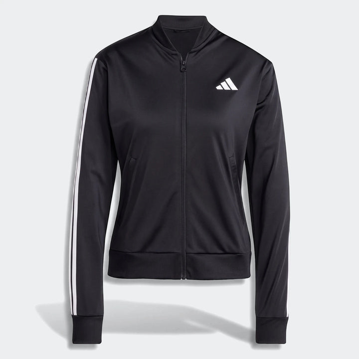 Black Adidas women's Dayready Tracksuit jacket, featuring white three stripes on the sleeves, viewed from the front.