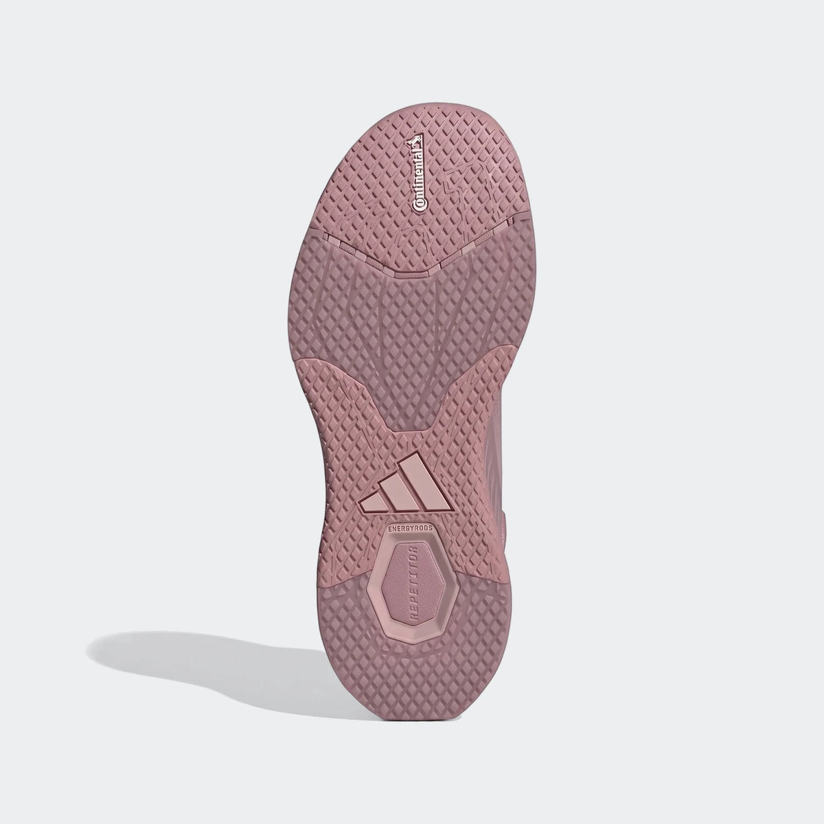 Pink Adidas Dropset 4 training shoe sole, featuring Continental, Energyrods, and Repetitor branding, viewed from underneath.
