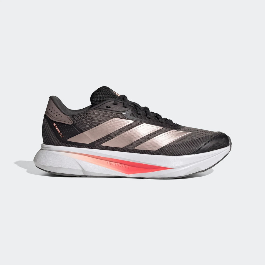 Adidas Duramo SL 2 running shoes in black and rose gold, featuring a mesh upper, black laces, and a white Lightmotion