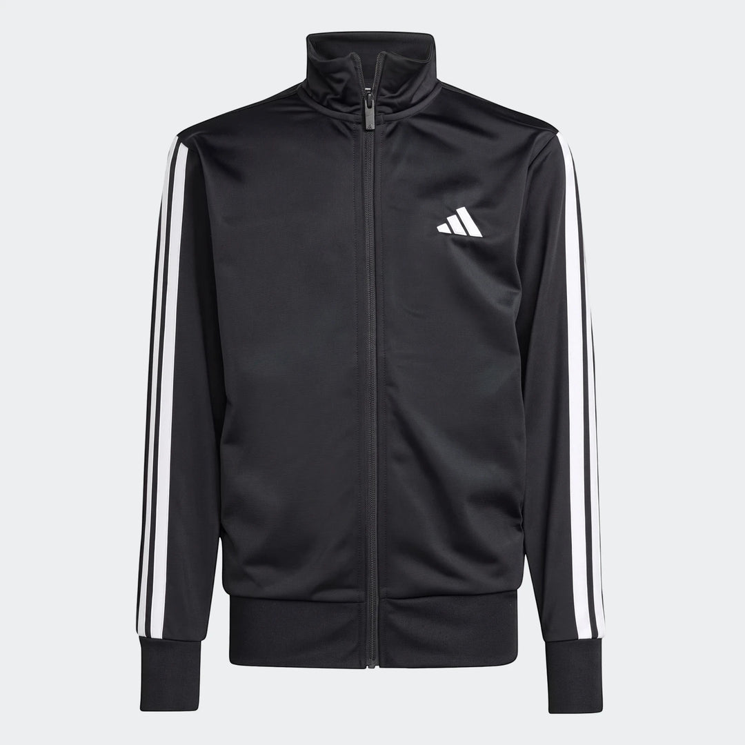 Adidas Essentials Climacool kids' black full-zip track jacket with white three-stripe design on sleeves and Adidas logo.