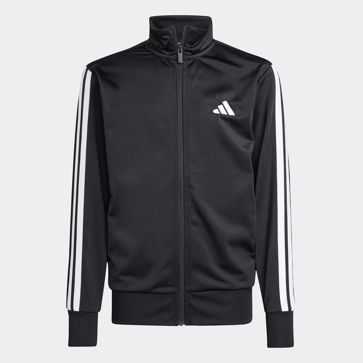 Adidas Essentials Climacool kids' black full-zip track jacket with white three-stripe design on sleeves and Adidas logo.