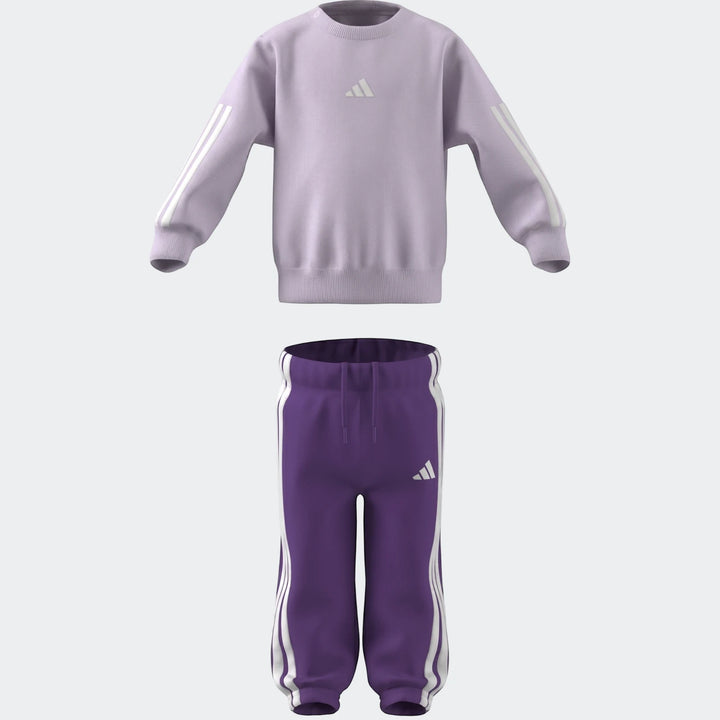 Adidas Essentials Joggers Set Kids featuring a lavender crewneck sweatshirt and purple joggers, both with iconic white