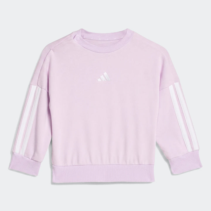 Adidas Essentials Kids' Crewneck Sweatshirt in light lilac with white three-stripes on sleeves and ribbed details.