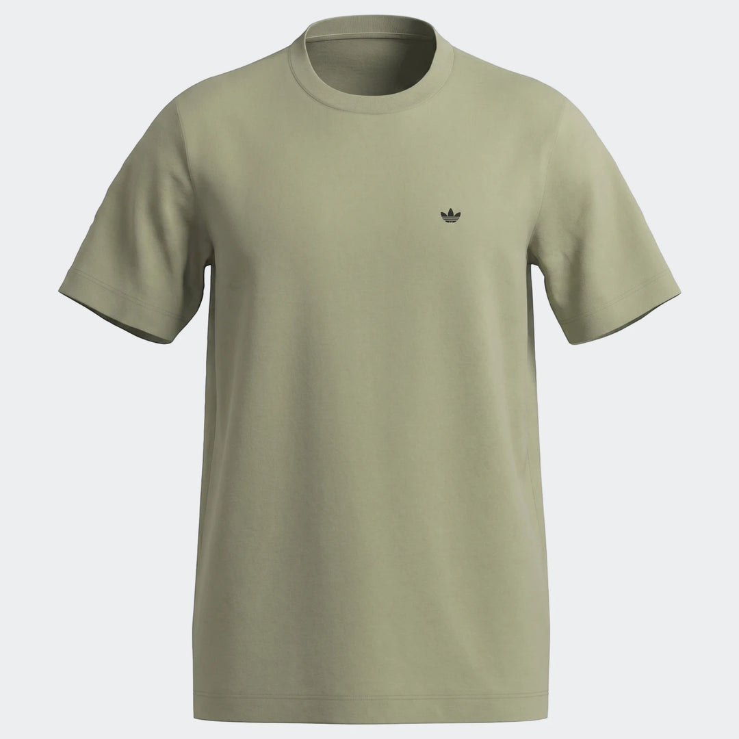 Sage green Adidas Essentials T-Shirt, featuring a classic crew neck and a small black Trefoil logo, front view.