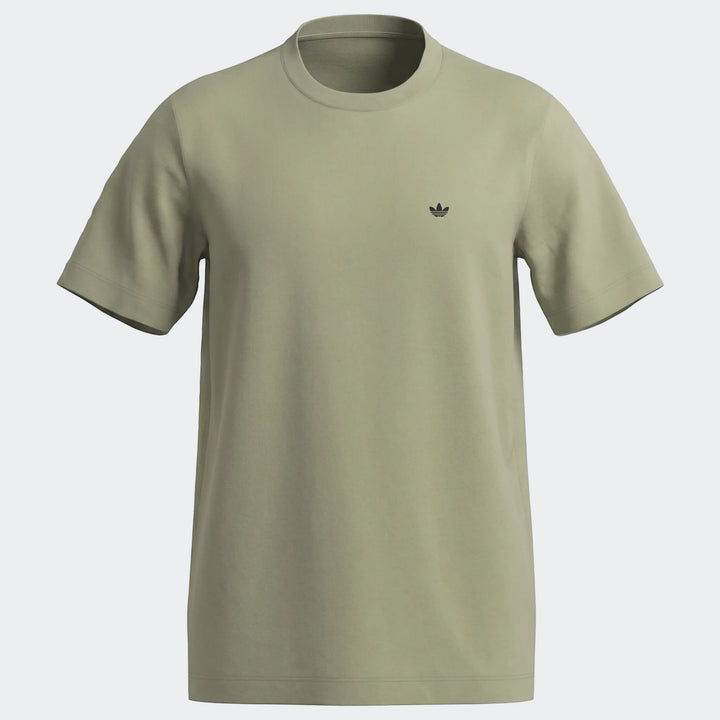 Sage green Adidas Essentials T-Shirt, featuring a classic crew neck and a small black Trefoil logo, front view.