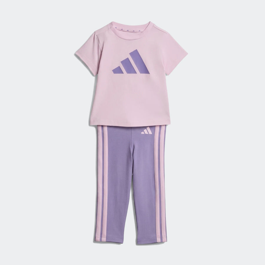Kids Adidas Essentials T-shirt Set in pink and purple, featuring the iconic brand logo on both the top and track pants.