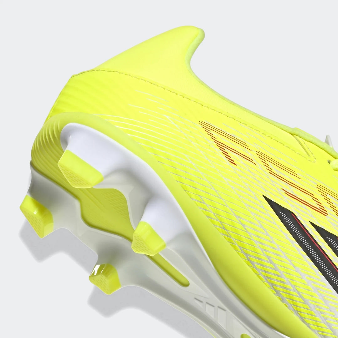 Close-up view of a neon yellow Adidas F50 Club Firm Ground / Multi Ground Football Boot with white soleplate and studs.