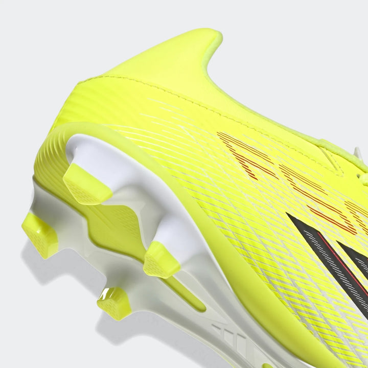 Close-up view of a neon yellow Adidas F50 Club Firm Ground / Multi Ground Football Boot with white soleplate and studs.