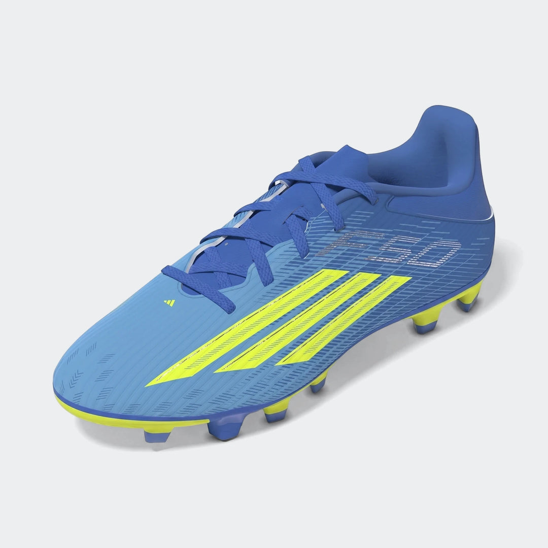 Light blue and yellow Adidas F50 Club Firm Ground / Multi Ground Football Boot, angled view showing laces, stripes, and