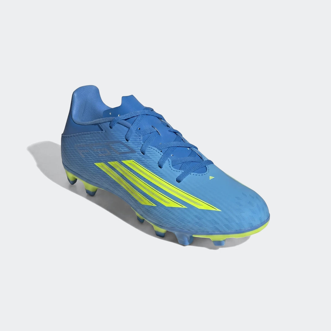 Adidas F50 Club firm ground/multi ground football boots in blue and neon yellow, shown in an angled view with studs visible.