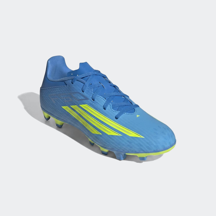 Adidas F50 Club firm ground/multi ground football boots in blue and neon yellow, shown in an angled view with studs visible.