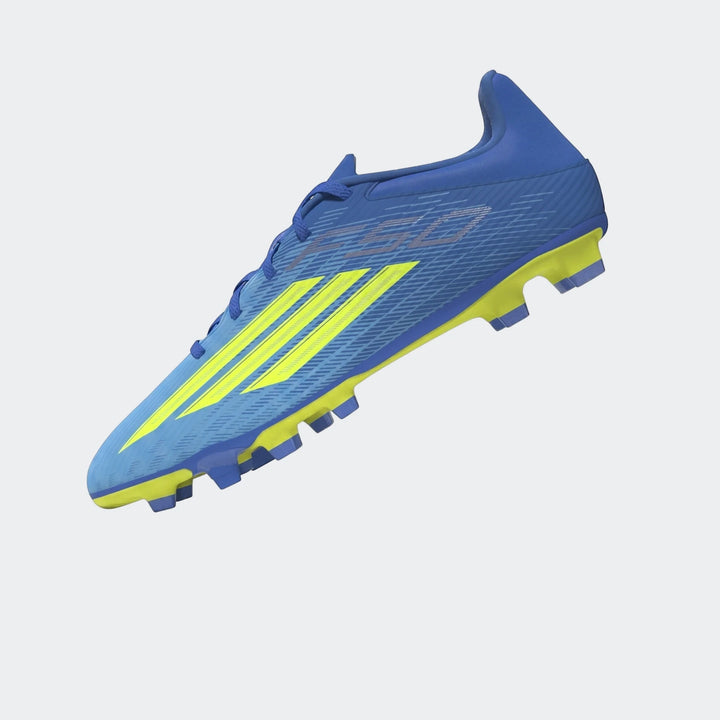Adidas F50 Club Firm Ground / Multi Ground Football Boots in vibrant blue and neon yellow, shown in an angled, floating view.