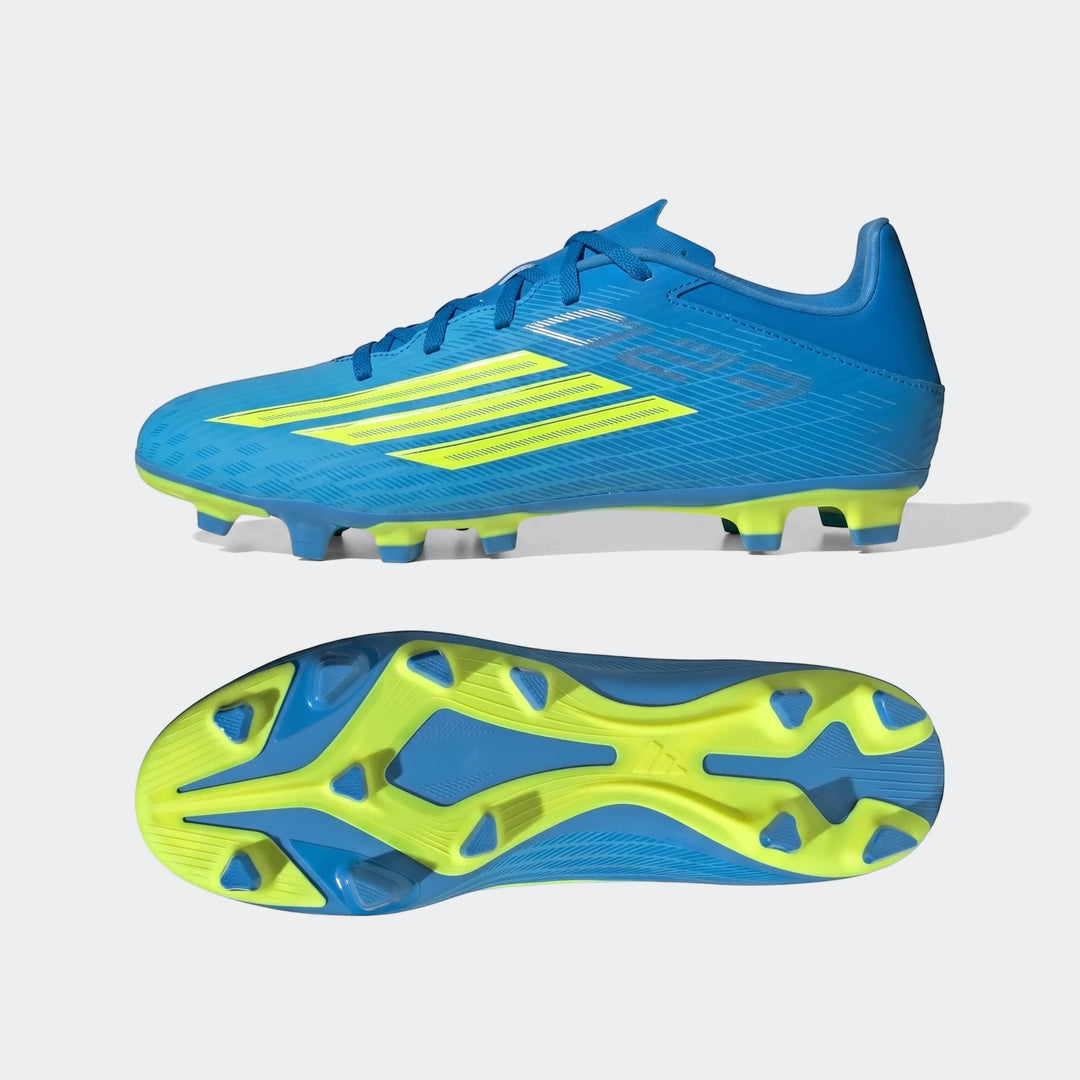 Blue and neon yellow Adidas F50 Club Firm Ground / Multi Ground Football Boots, displayed with a top-side and bottom view.