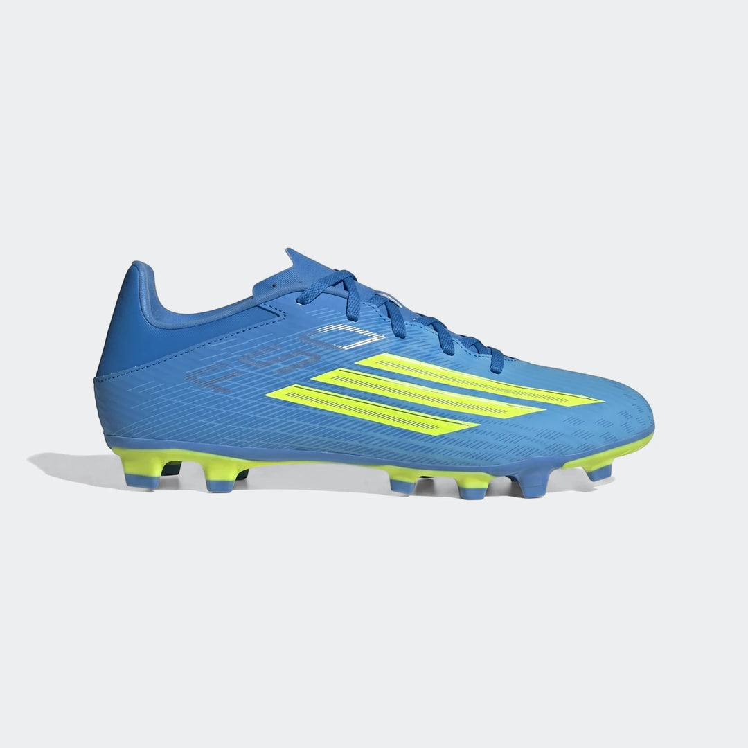 Adidas F50 Club Firm Ground / Multi Ground football boots in bright blue with yellow accents, side view.