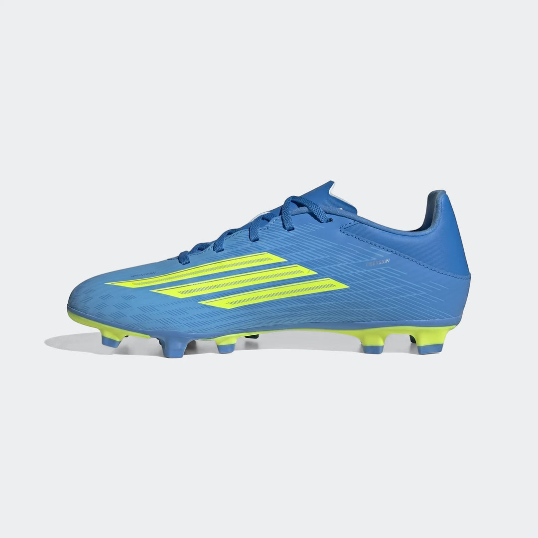 Blue and yellow Adidas F50 Club Firm Ground / Multi Ground football boots, side view, with three iconic stripes.