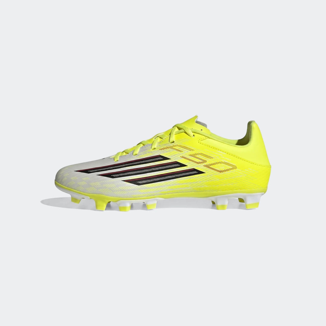 Adidas F50 Club Firm Ground / Multi Ground Football Boot in neon yellow and white, shown in a side profile view.