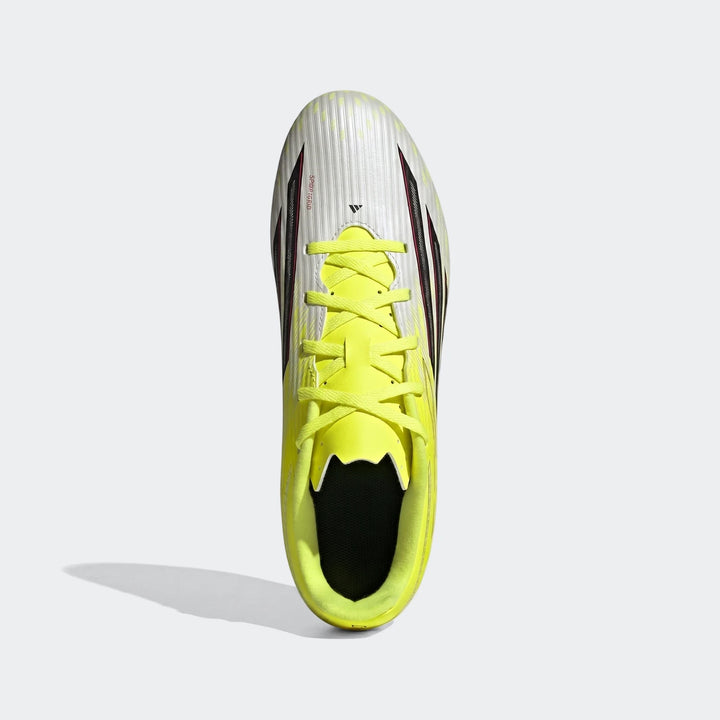 White Adidas F50 Club Firm Ground / Multi Ground Football Boots with neon yellow laces, shown from a top-down view.
