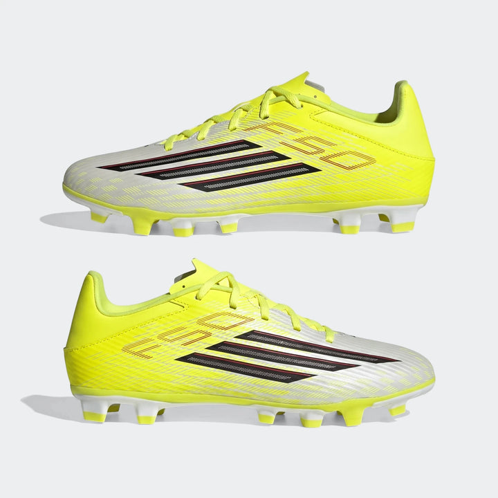 Adidas F50 Club Firm Ground / Multi Ground Football Boots in bright yellow, white, black, and red, side view with studs