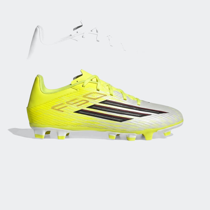 Yellow and white Adidas F50 Club Firm Ground / Multi Ground Football Boots, side view, with black and red stripes.