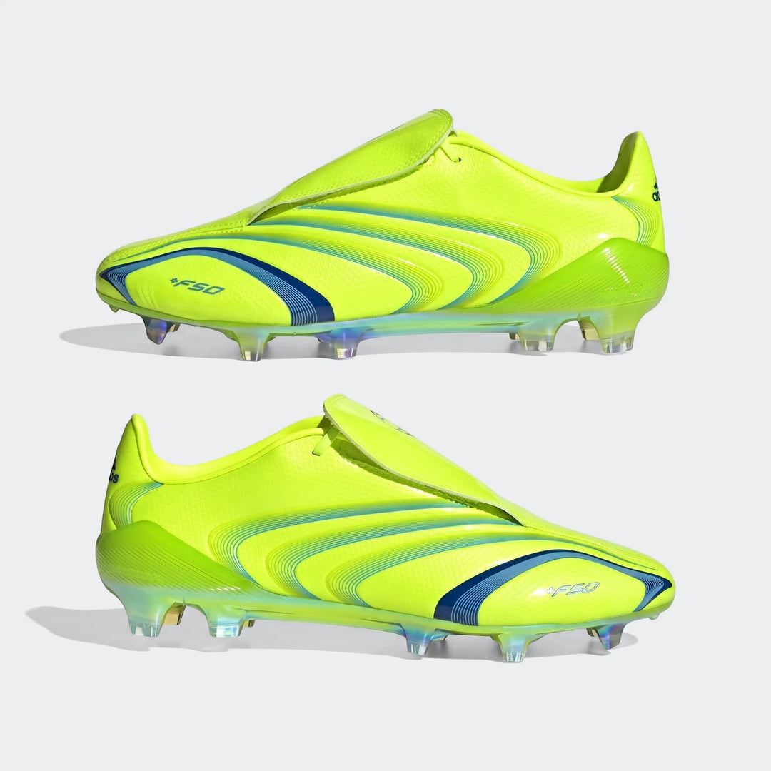 Pair of Adidas F50 Elite Fg Tunit Football Boots in vibrant fluorescent yellow-green with blue accents, viewed from the side.