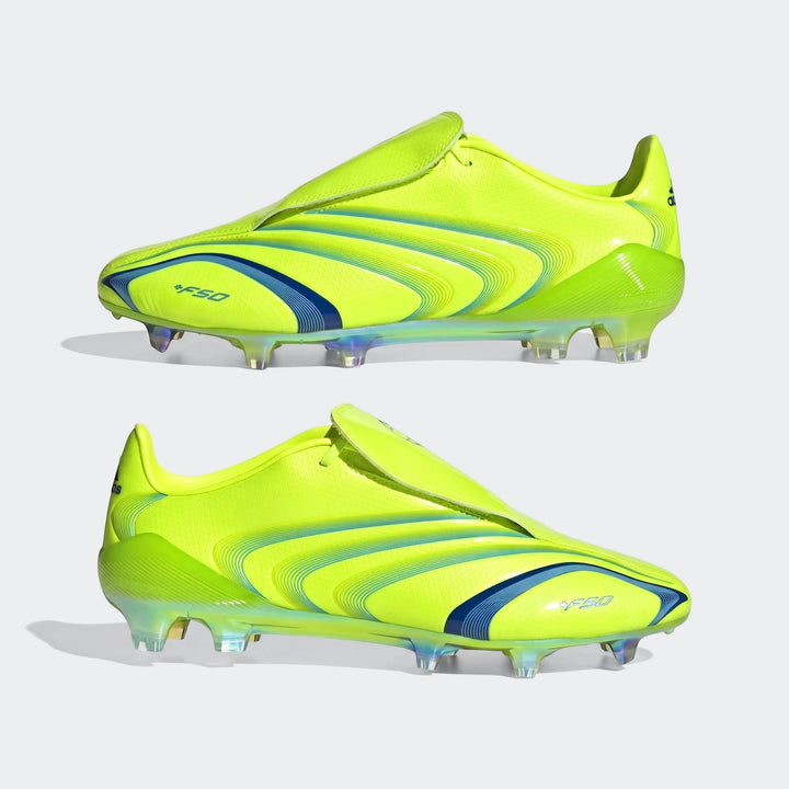 Pair of Adidas F50 Elite Fg Tunit Football Boots in vibrant fluorescent yellow-green with blue accents, viewed from the side.