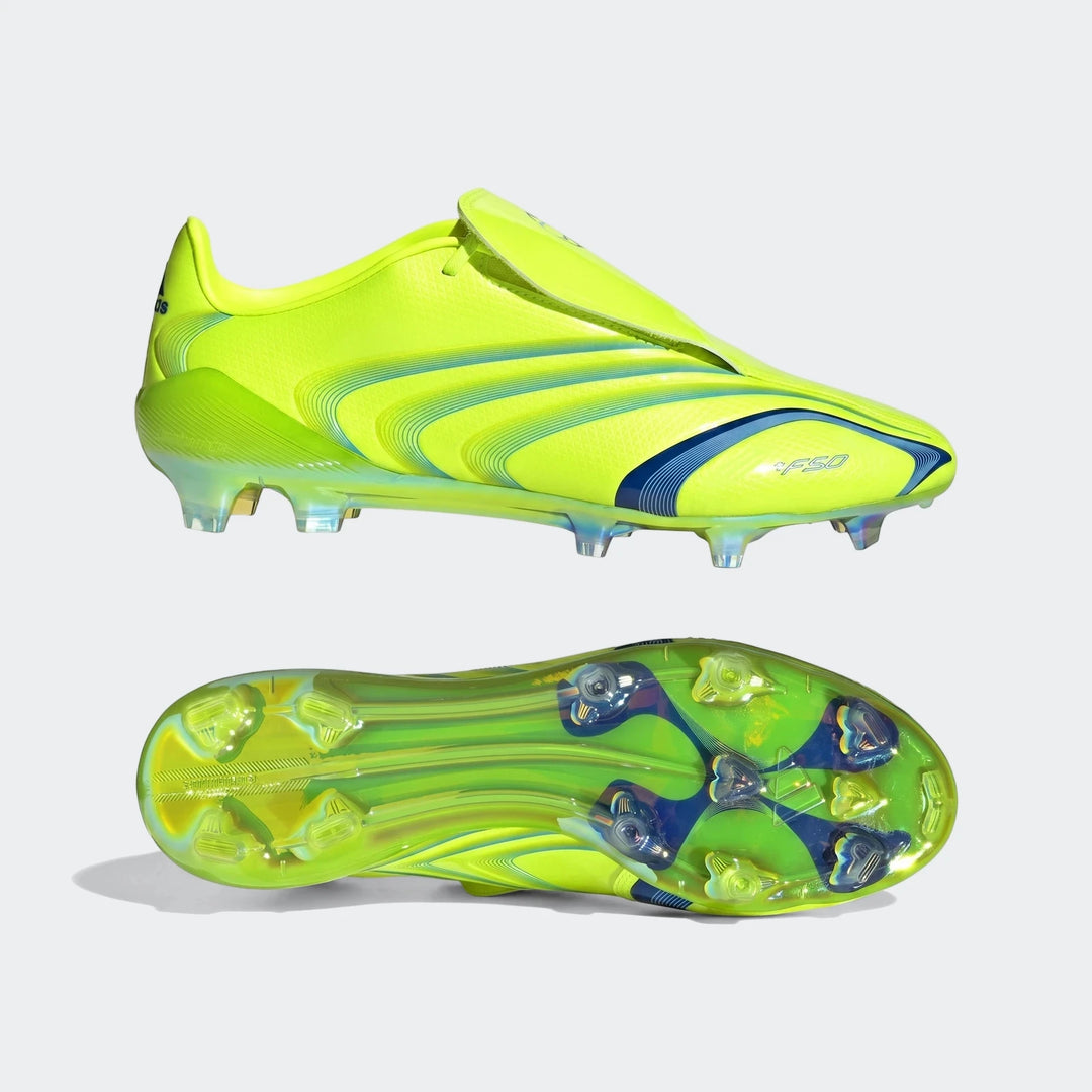 Bright yellow and blue Adidas F50 Elite FG Tunit football boots, shown from a side view and the cleated sole.