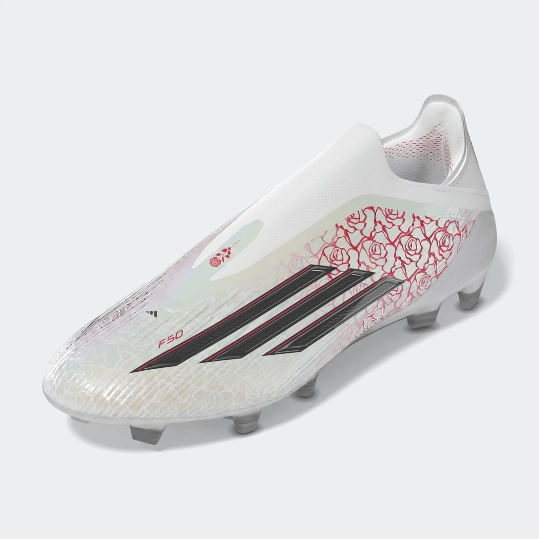 White Adidas F50 Elite LL FG Lamine Yamal football boots featuring red rose patterns and black stripes, shown from an angled