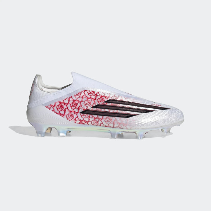White Adidas F50 Elite LL FG Lamine Yamal football boots with red rose pattern and black stripes, side view.