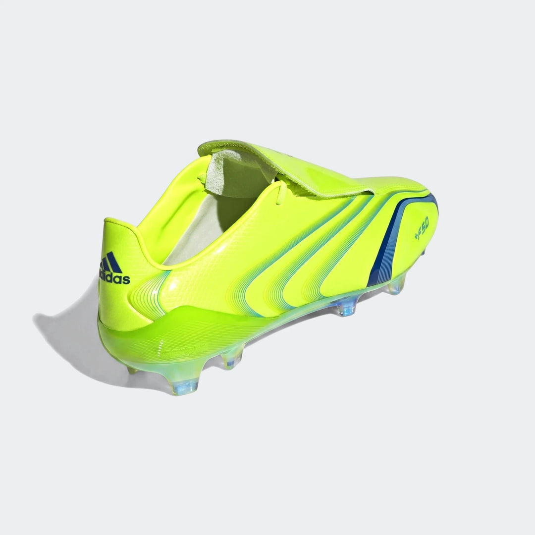 Adidas F50 football boot in vibrant lime green with blue accents, showcasing the iconic design from a three-quarter rear