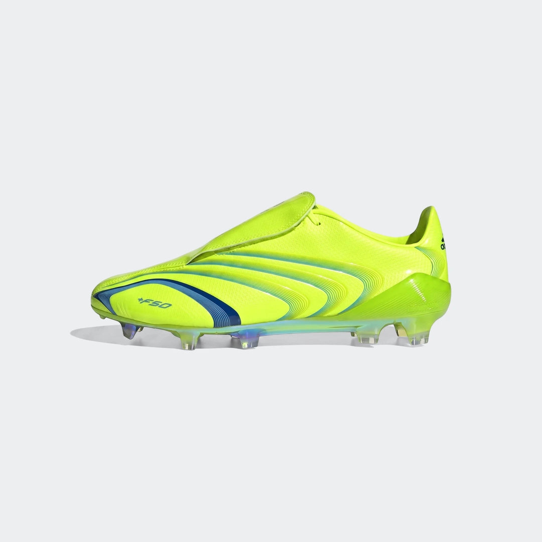 Adidas +F50 football boot in bright neon yellow with blue stripe accents, featuring visible clear studs, viewed from the