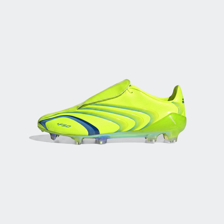 Adidas +F50 football boot in bright neon yellow with blue stripe accents, featuring visible clear studs, viewed from the