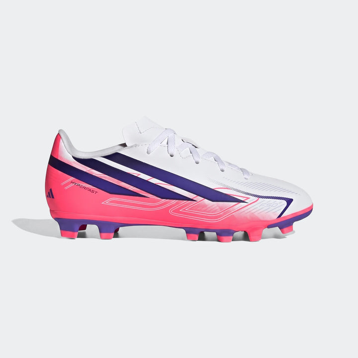 Kids' Adidas F50 Hyperfast Club firm ground football boot in white, pink, and purple, side view.