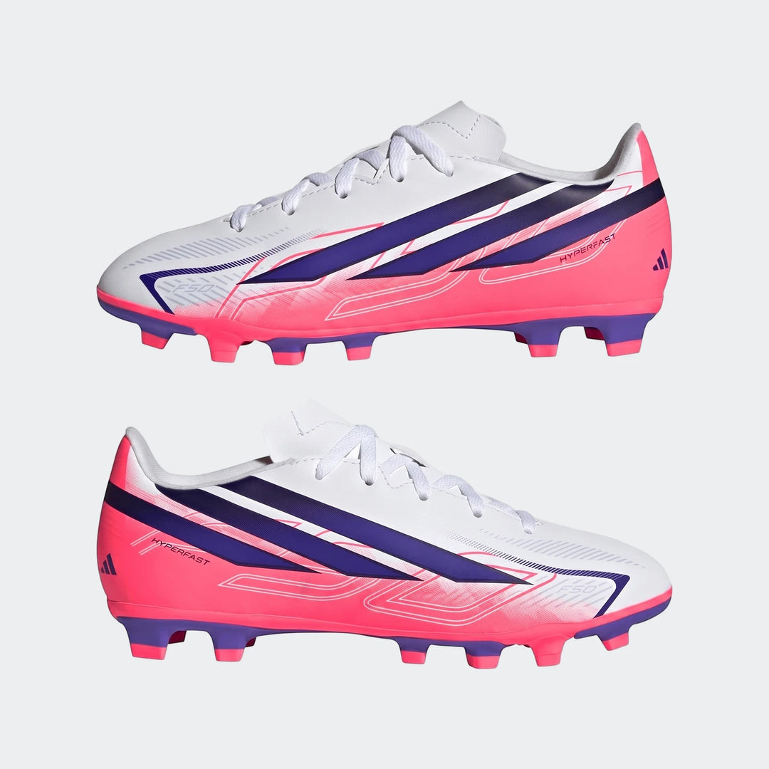 Pair of white, pink, and purple Adidas F50 Hyperfast Club Firm Ground / Multi Ground football boots for kids, studio shot.