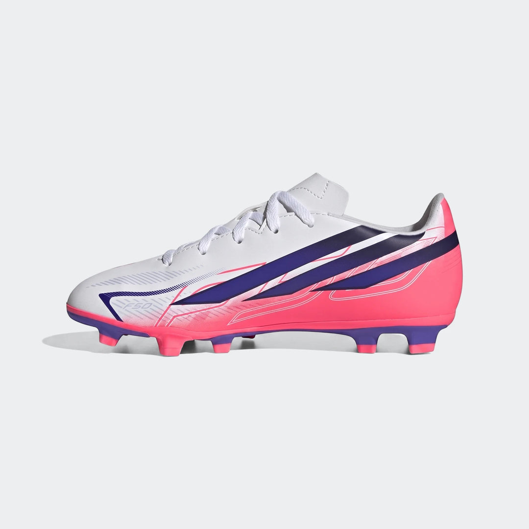 Kids' Adidas F50 Hyperfast Club firm ground football boots in white, pink, and purple, shown from a side view.