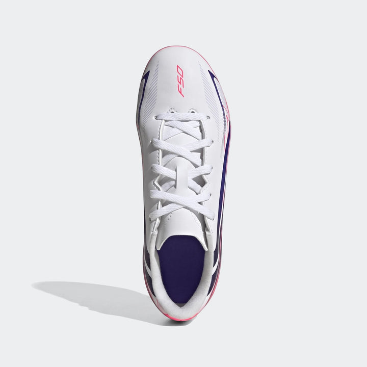 White and pink Adidas F50 Hyperfast Club Firm Ground / Multi Ground football boots for kids, seen from a top-down view.