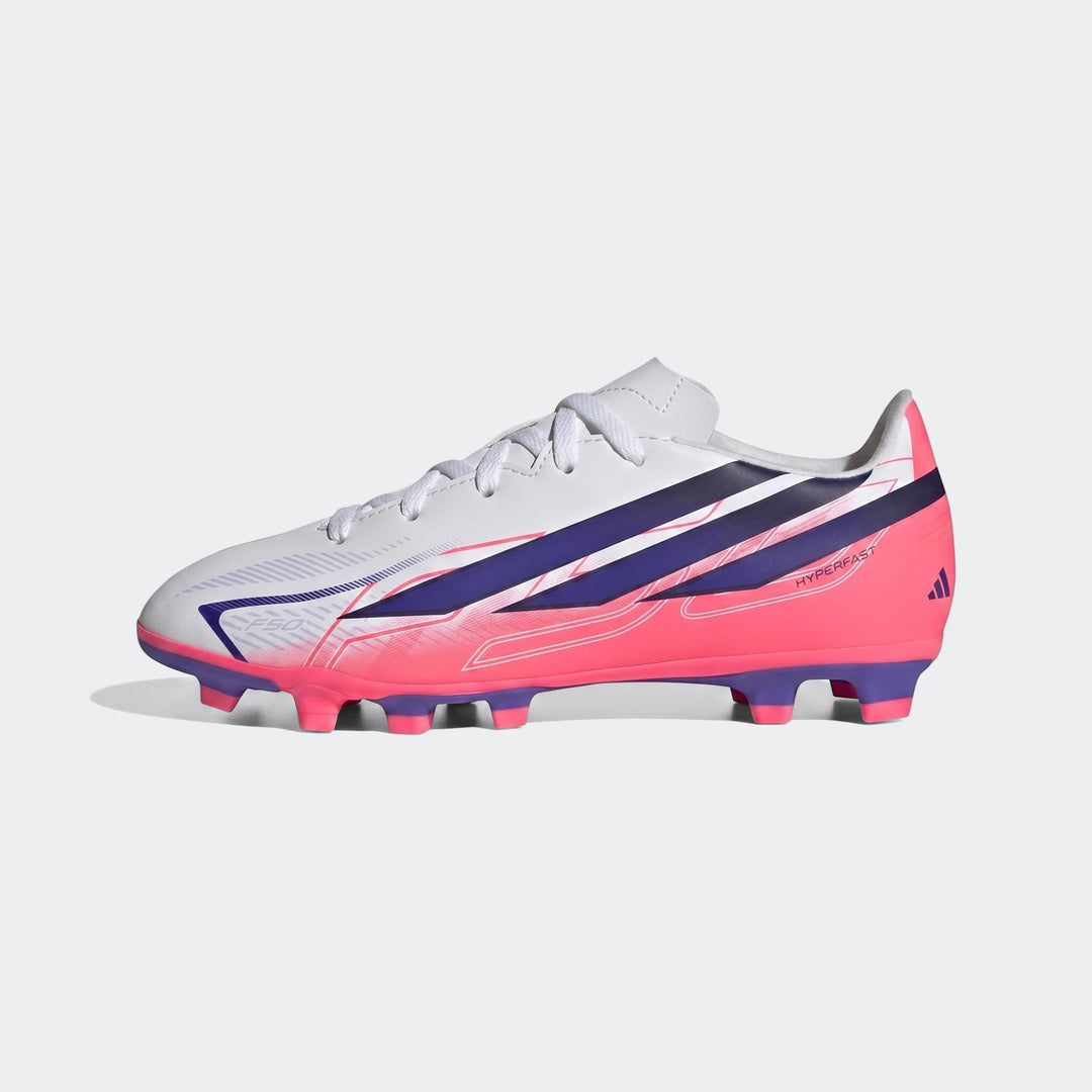 White, pink, and purple Adidas F50 Hyperfast Club Firm Ground / Multi Ground Football Boots for kids, viewed from the side.