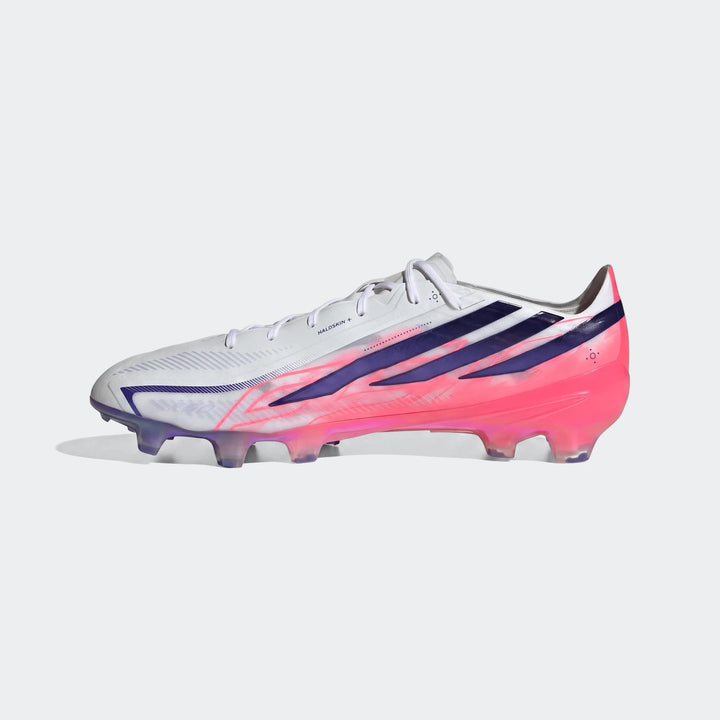 White, pink, and purple Adidas F50 Hyperfast Elite Firm Ground Football Boots, shown in a side profile view, ideal for